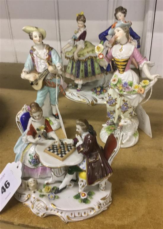 Two German porcelain groups and two similar figures(-)